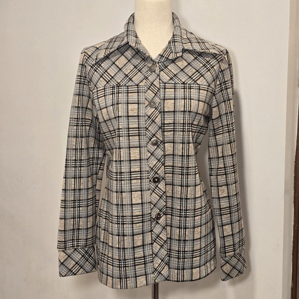 70s Womens Beeline Fashion Vtg Gray Tan Plaid Dagger Collar Blazer Jacket 14